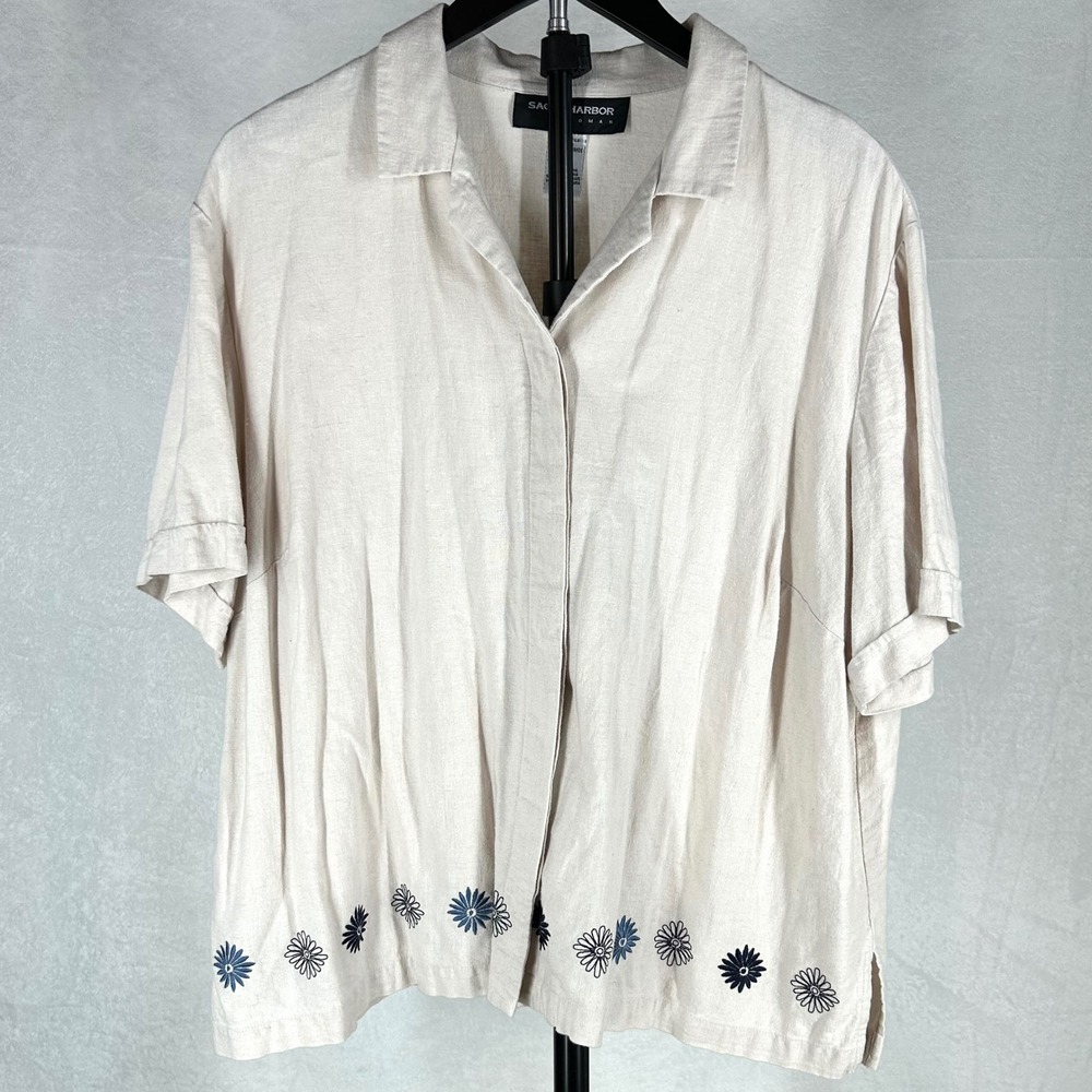 Sag Harbor Linen Blend Embroidered Floral Shirt XL Cottagecore Button Up Top